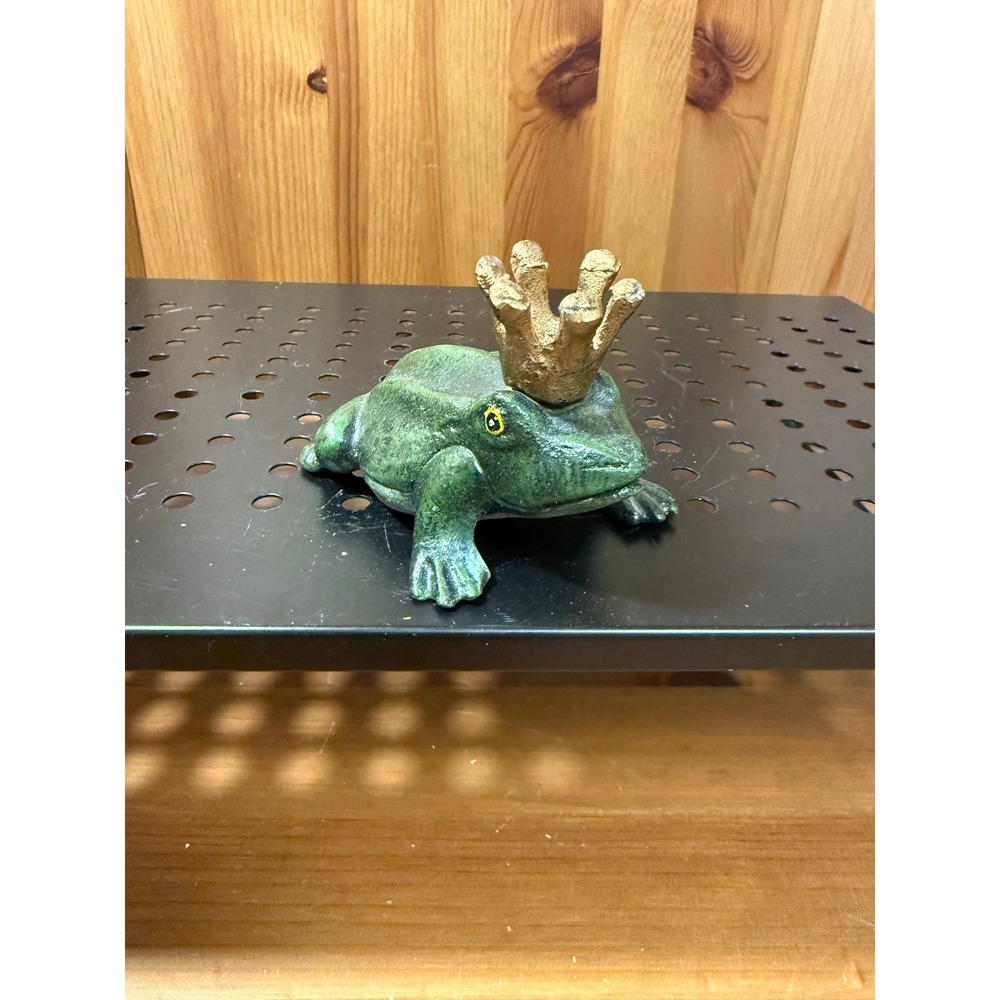 Cast Iron Frog Prince Figurine Green Gold Crown Whimsical Decor 3.5"